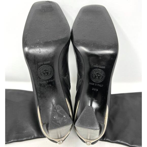 Versace Black Leather Knee High Boots 39.5 Square Toe Block Heel Italy - Picture 8 of 10